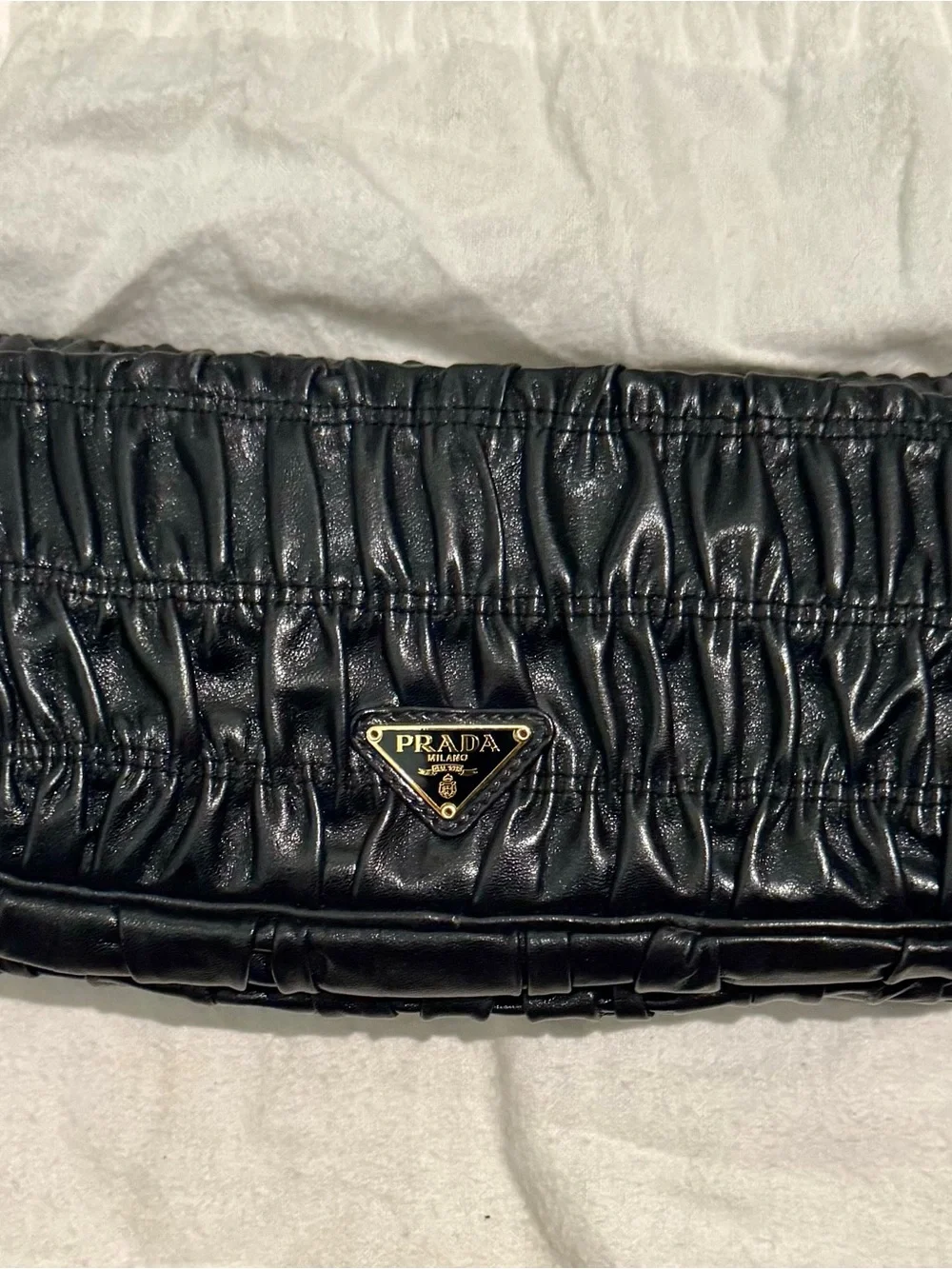 Prada Black Ruched Leather Clutch with Gold Triangle Plaque